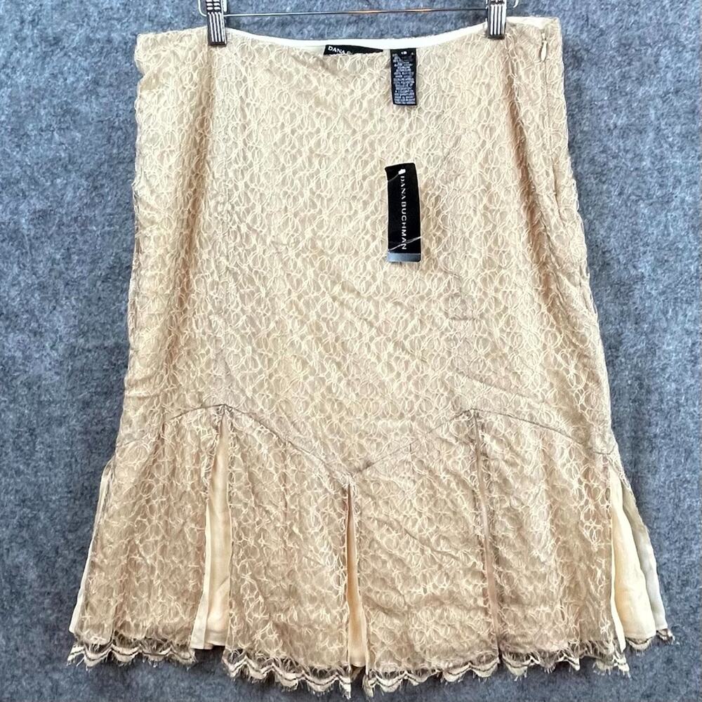 Dana Buchman Skirt Women 12 Beige Floral Lace Silk Romantic Boho Chic Y2K Flirty